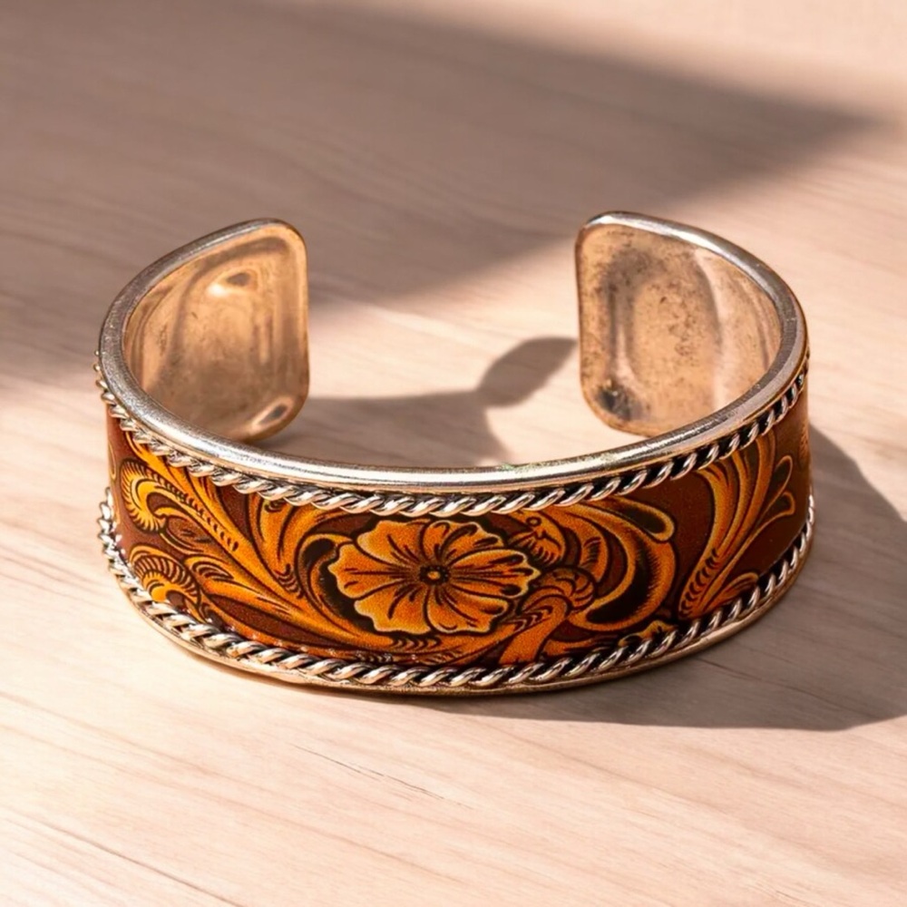Beautiful Floral Stamped Leather Silver One Size Fits All Bracelet!